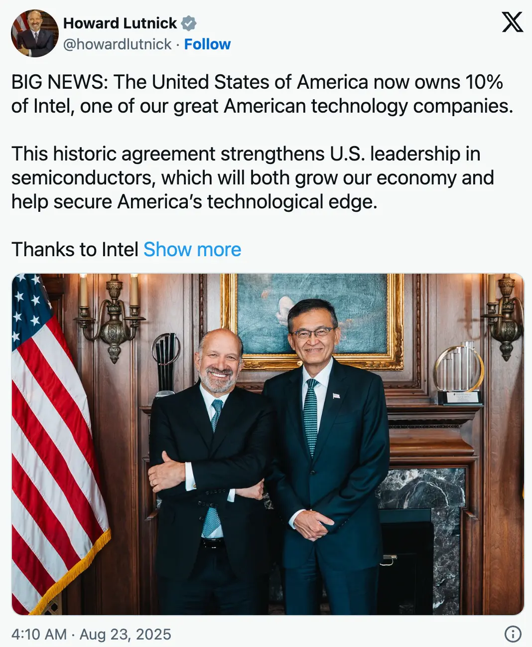 美國(guó)政府正式入股英特爾獲10%股份,特朗普回應(yīng) 美商務(wù)部長(zhǎng)盧特尼克官宣交易