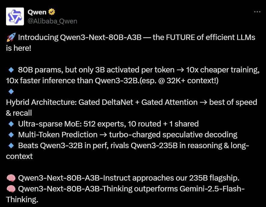 全新MoE架構!阿里開源Qwen3-Next,訓練成本直降9成